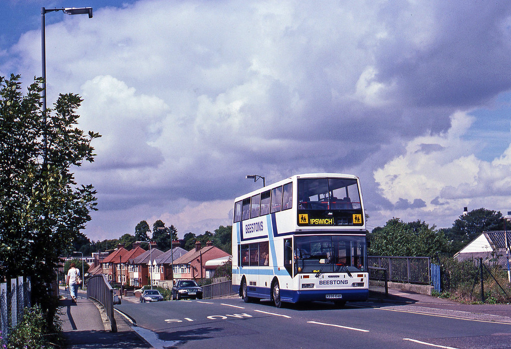 Beestons Bus, Reg. V335EAK, crossing the railway bridge on Hadleigh Road  with a service to Ipswich in July2002.