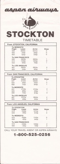 Aspen Airways Stockton city timetable - circa 1982