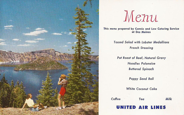 United Airlines inflight menu (postcard) - 1950's. Catered at Des Moines Airport (DSM) by Connie and Lew Catering Service.