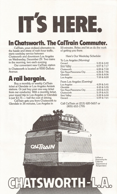 Vintage flyer for CalTrain (Los Angeles) announcing new service to Chatsworth - December 1982