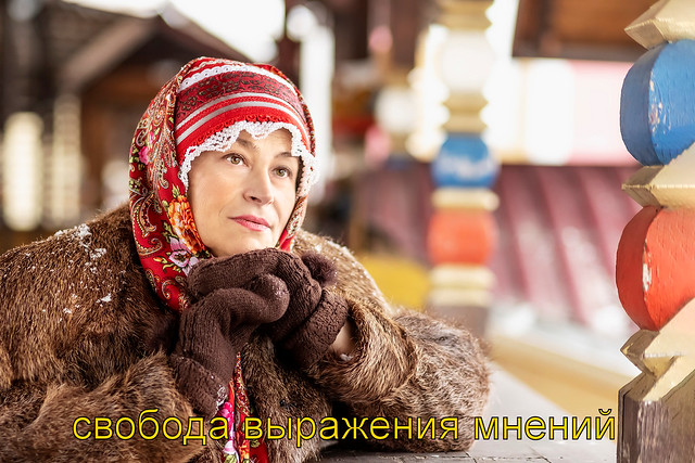 A Slavic woman in a national colored scarf, a fur coat and warm mittens on the porch of a wooden house. Winter, snowfall