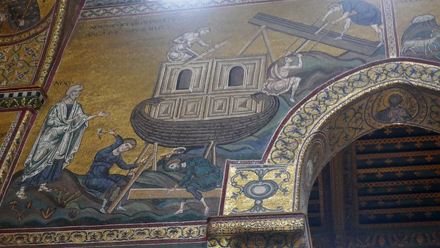 Construction de l'Arche de Noé, cathédrale Santa Marion Nuova, XIIe siècle, Monreale, province de Palerme, Sicile, Italie.
