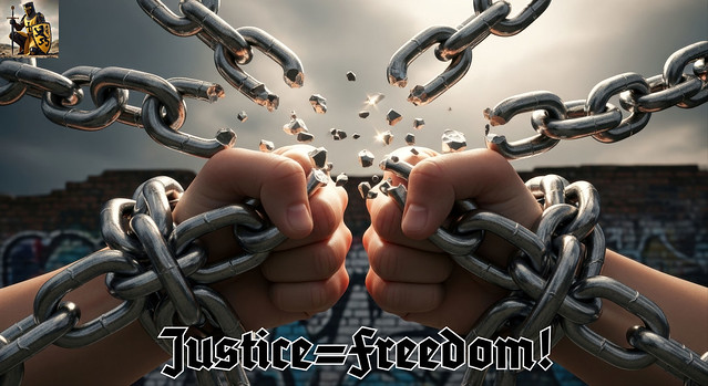 Clenched fists breaking heavy metal chains symbolizing freedom and overcoming challenges