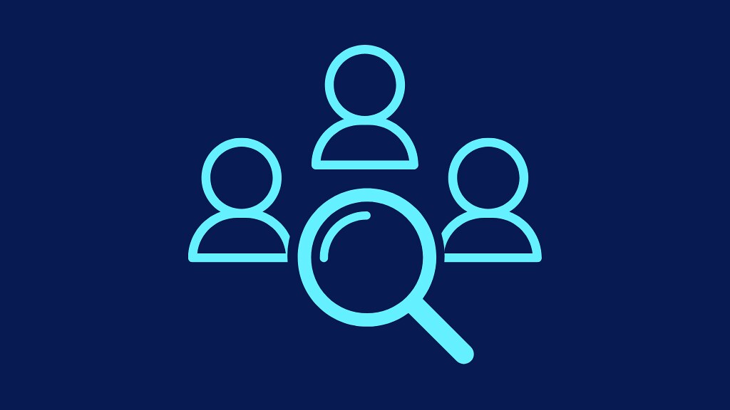 Line icons of three people around a magnifying glass.