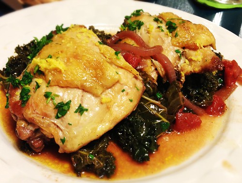 Braised chicken thighs with spicy kale | by revrev