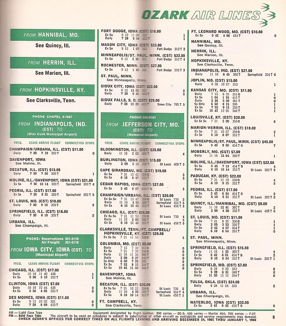 Ozark Airlines System Timetable - December 1, 1965.